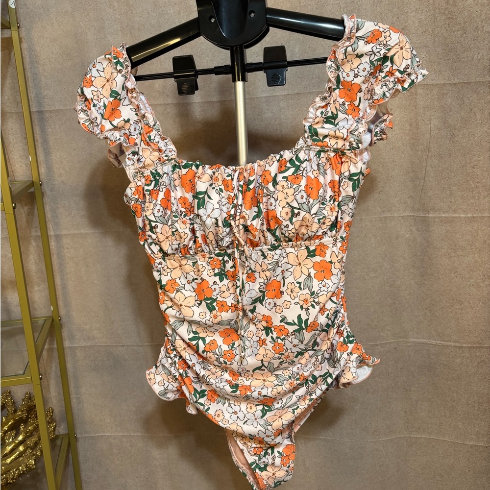 SheCurve Floral Swimsuit M Ruffle Strap Cottagecore‎ Orange Floral Bathing Suit